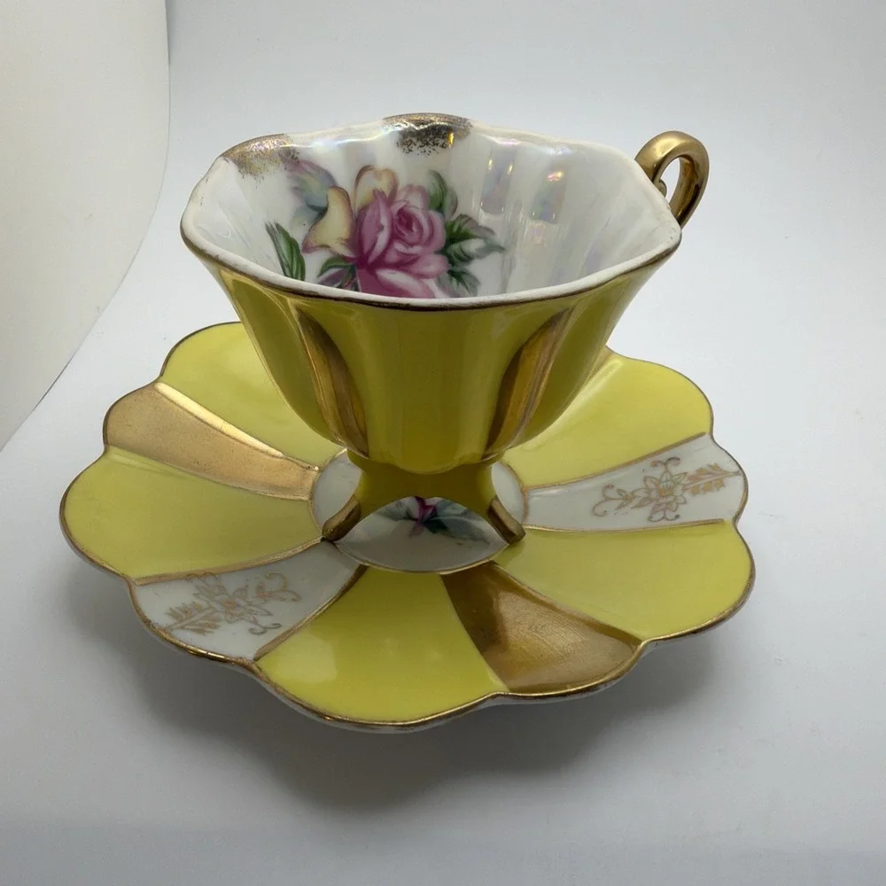 Vintage Wales Porcelain Footed Tea Cup Saucer Set Yellow Gold Lusterware Rose